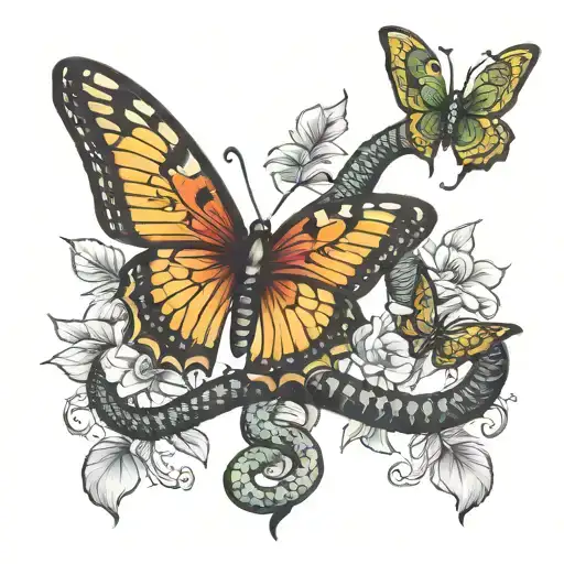 Snake Extend To Try To Bite Butterfly While Flying