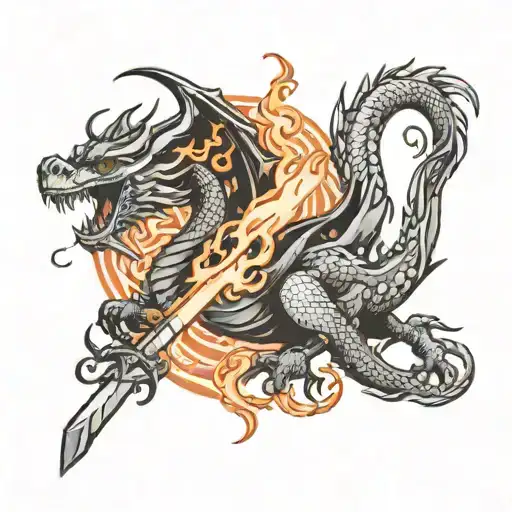 Black And White Dragon Twirling Around A Flaming Sword