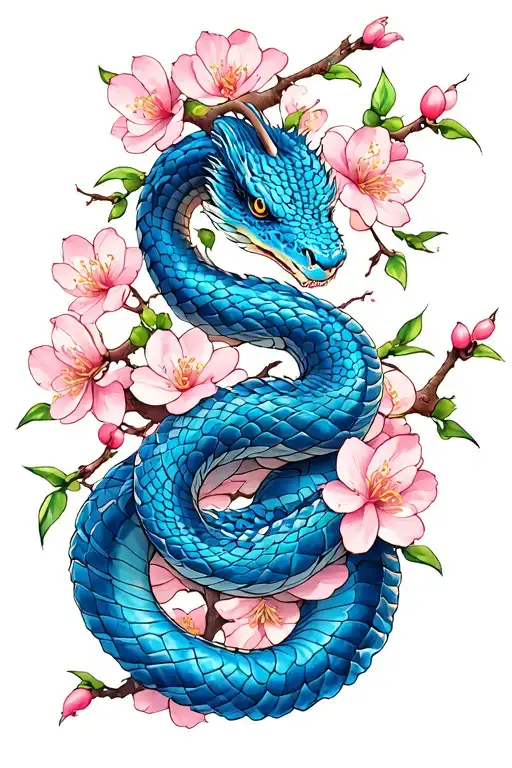 Blue Chinese Viper Wrapping On A Cherry Blossom Tree