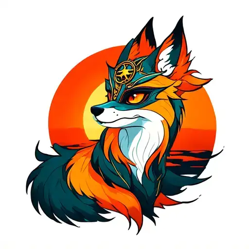Nine Tailed Fox With A Talisman And Fox Mask In Front Of A Setting Sun