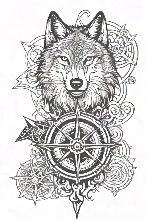 Wolf With Compass Rose With Intricate