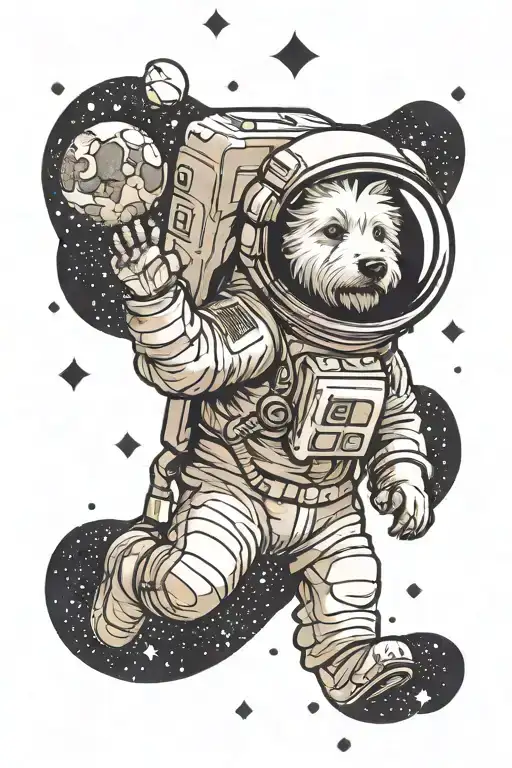 Westie Dog Astronaut Floating In Space Dotwork Monochrome Simple Cartoonish