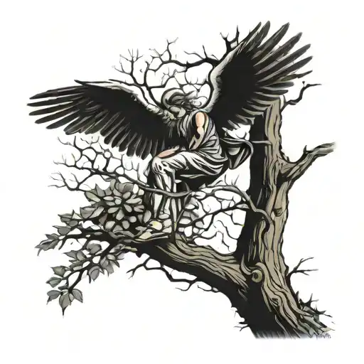 Fallen Angel Falls From The Sky Into A Tree That Holds Him And Stops Him From Keep Falling