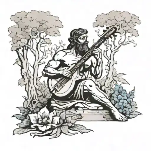 A Greek God Playing A Musical Instrument In A Forest Setting