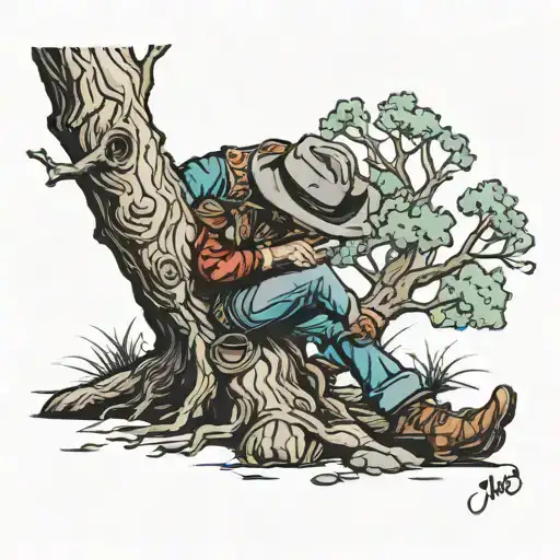 Cowboy Taking A Nap Against A Tree