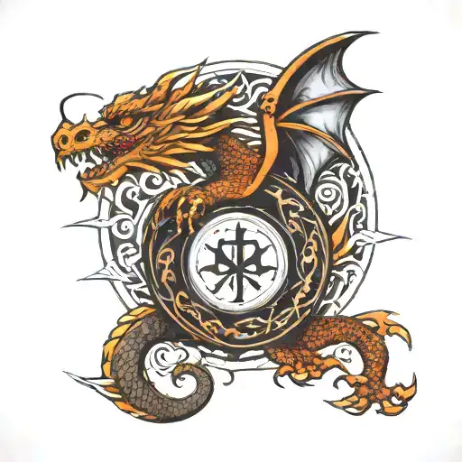 Dragon With Moon And Nordic Signs
