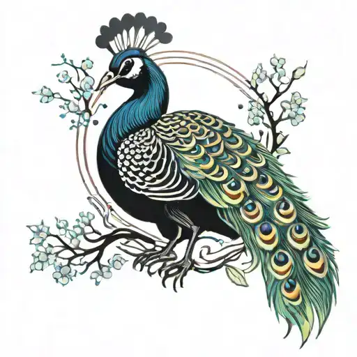 Peacock With Appletree Tail And Cygus Constellation