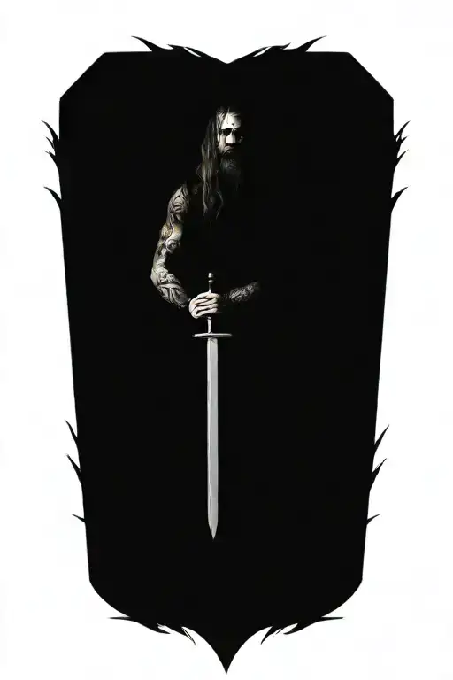 Viking With Long Hair Holdiing A Sword Surround By Skulls