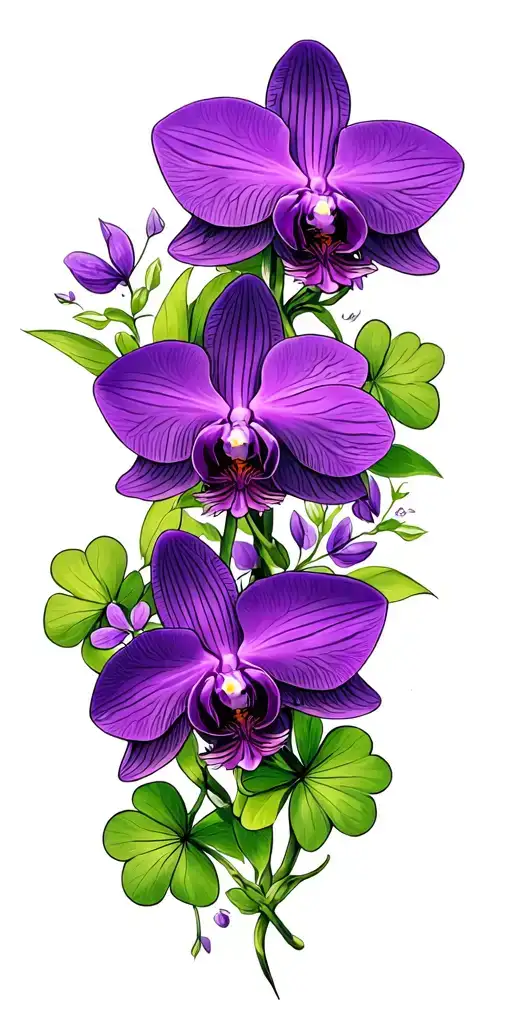 Clovers And Purple Orchids Flower Intertwined