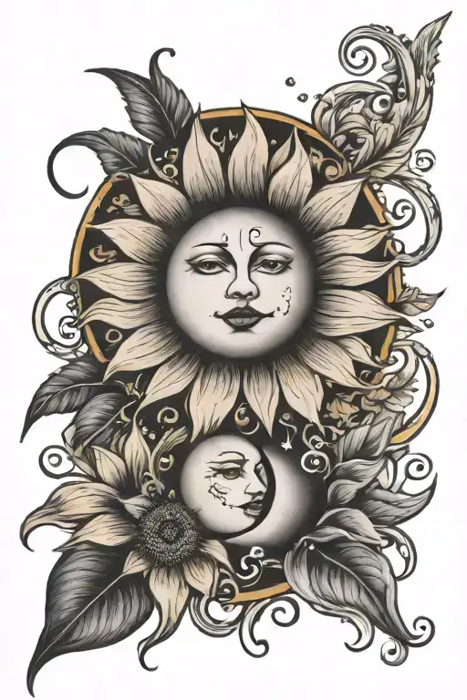 Sun And Moon On Beach With Sunflower