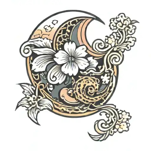 Japanese Lotto Flower And Crescent Moon Background