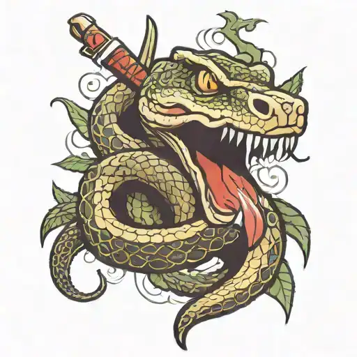 Snake Wrapped Around A Dagger Smoking A Cigarette