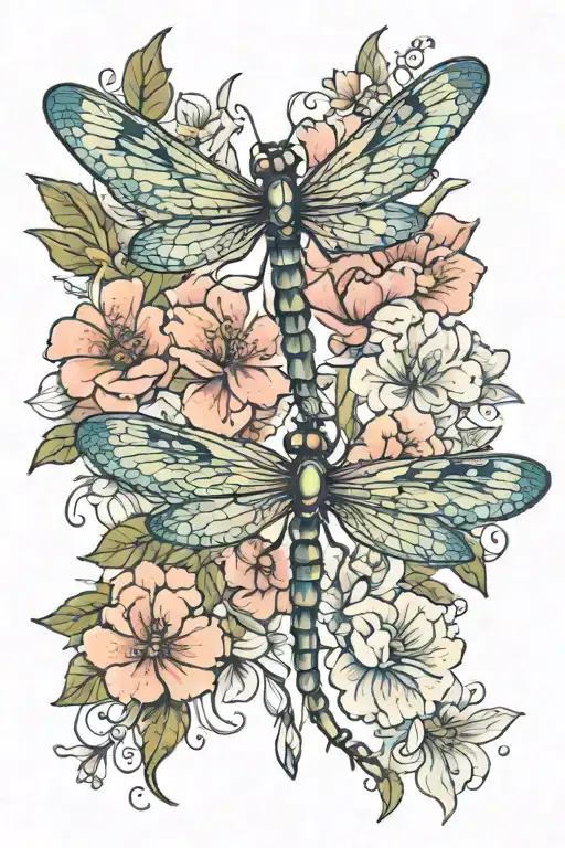 Dragonfly And Flowers Coming