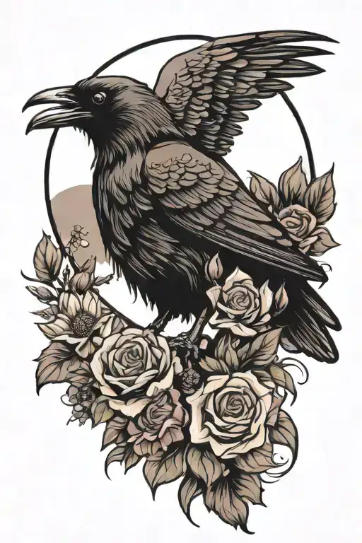 Raven With Flowers And Moon