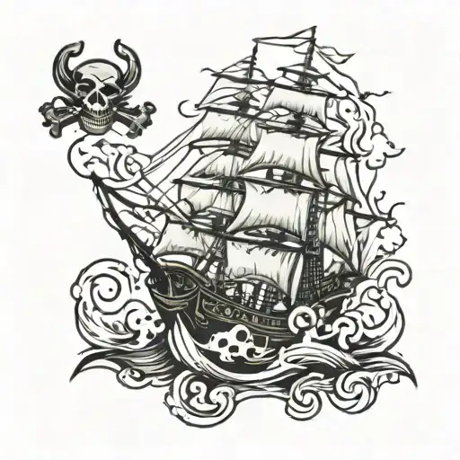 Pirate Ship Sailing On Roush Seas Around An Ankle