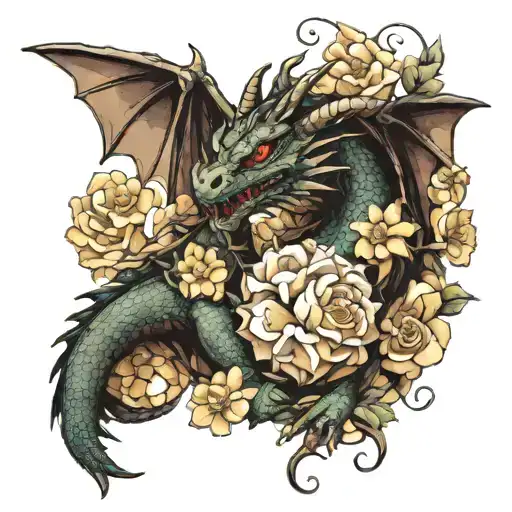 Dragon Holding A 20 Sided Dice Surrounded By Flowers