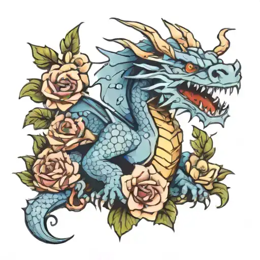 Light Blue Dragon Holding A 20 Sided Dice Surrounded By Flowers