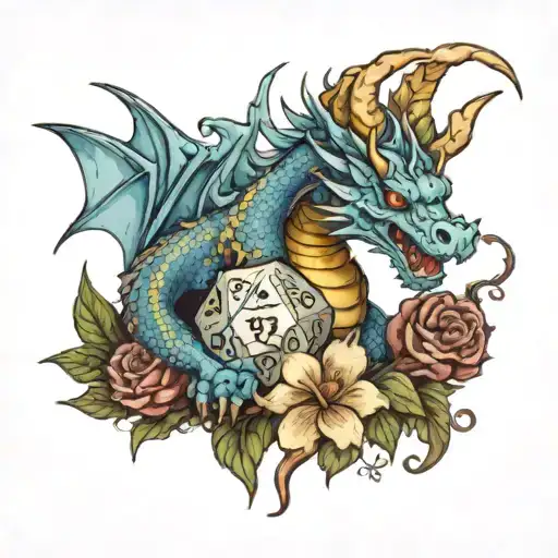 Nice Light Blue Dragon Holding A 20 Sided Dice Surrounded By Flowers