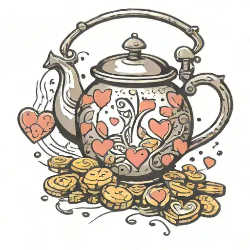 Tea Kettle And Coins Raining Love Hearts