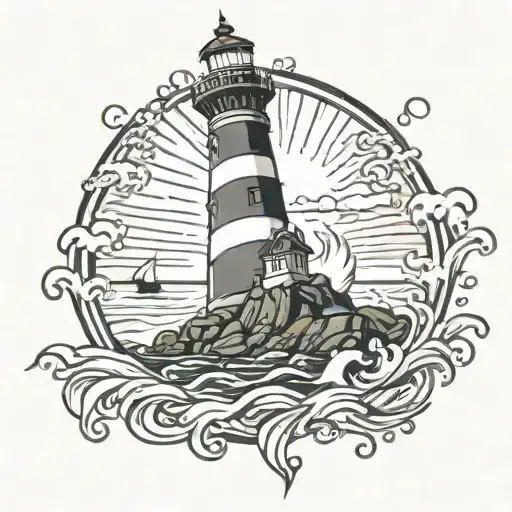 Lighthouse With Light Shining Over Water Where Kraken Is Destroying A Ship