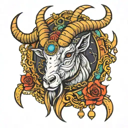 Colorful Capricorn Goat Tattoo With Chains
