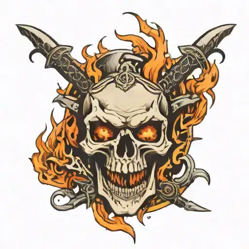 Skull With Fire Coming From Its Eyes And Mouth With 2 Crossed Scythes Behind The Skull