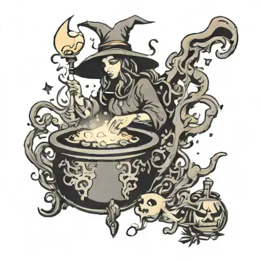 A Whimsical Tattoo Of A Witch Brewing A Magical Potion In A Cauldron Surrounded By Mystical Symbols