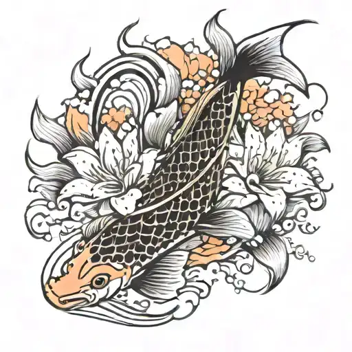 Koi Fish Lotus Flower Blooming Engulfed In Fire Rising