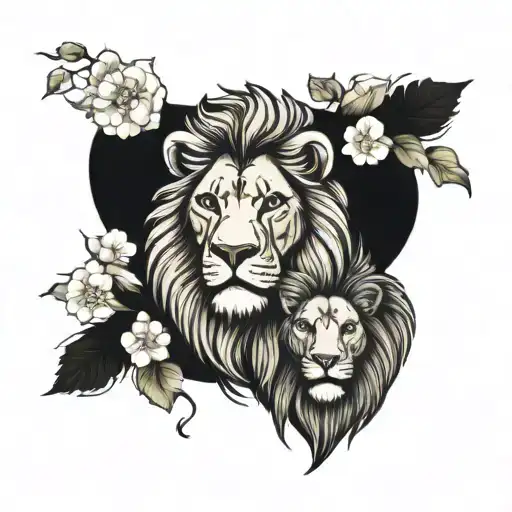 Half Face Male Lion And Female Lion With Flowers As A Mane