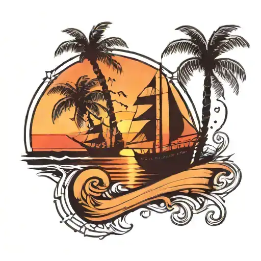 Two Palm Trees Crossed With A Ship Sailing Off Into The Distance Into The Sunset