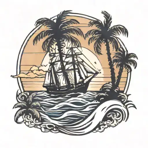 Two Palm Trees Crossed With Ship In The Middle Sailing Off Into The Sunset