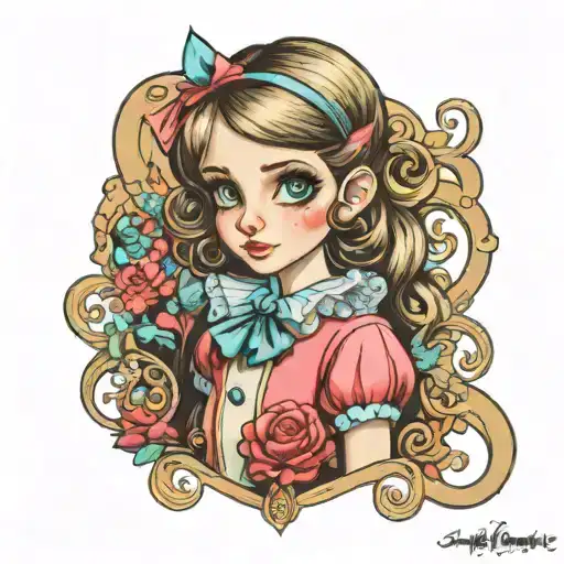 Girl Looks Over Shoulder Alice In Wonderland Cartoon Neo Traditional Big Eyes