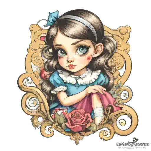 Girl Looks Over Shoulder Alice In Wonderland Cartoon Neo Traditional Big Eyes