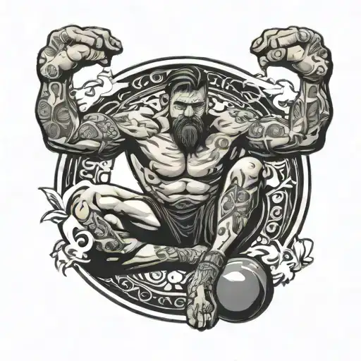 A Sport Man On Knee Holding A Stone Above His Head