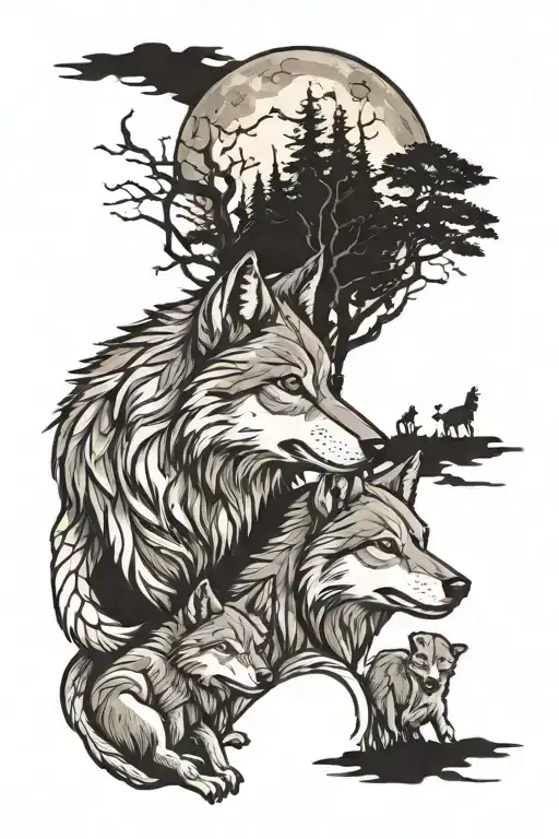A Wolf And Three Cubs In A Forest And The Moon