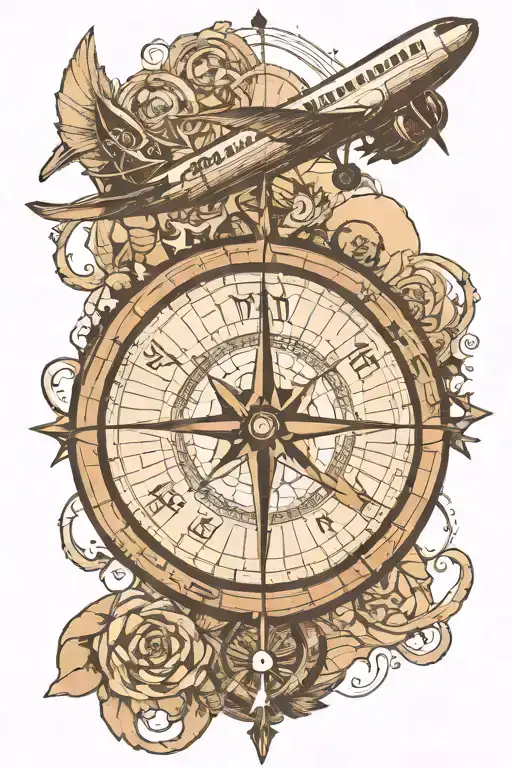 Compass With Airplane Flying Over A World