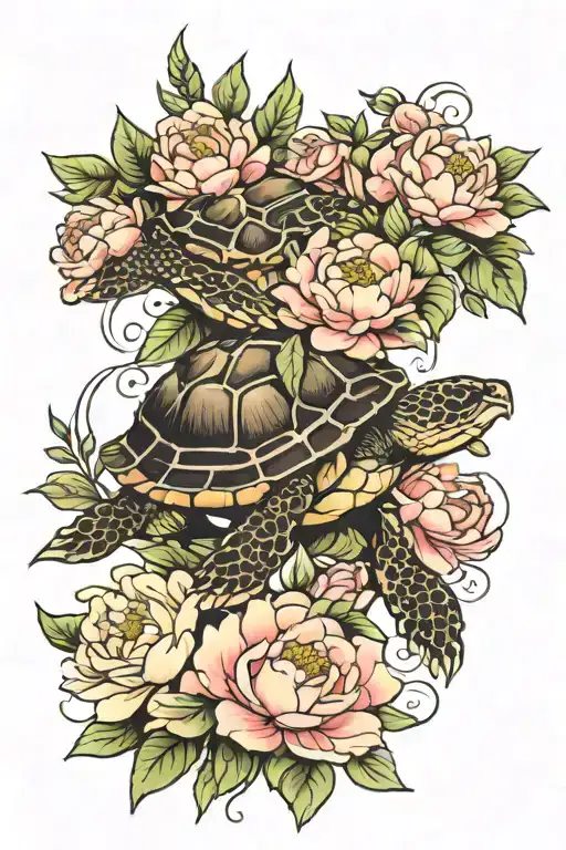 Turtle And Peonies With Flowers