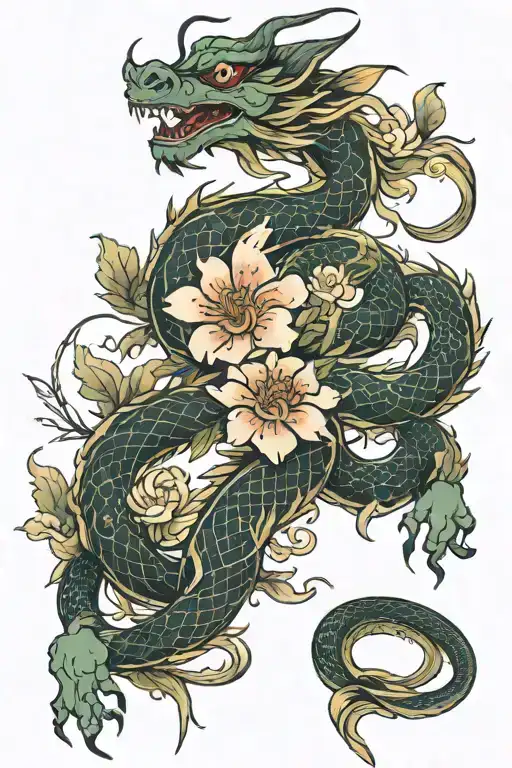 Chinese Dragon With Flowers Intertwined