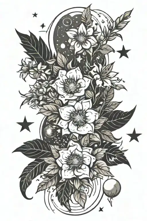 Flowers And Plants And Moon Stars And Space Background