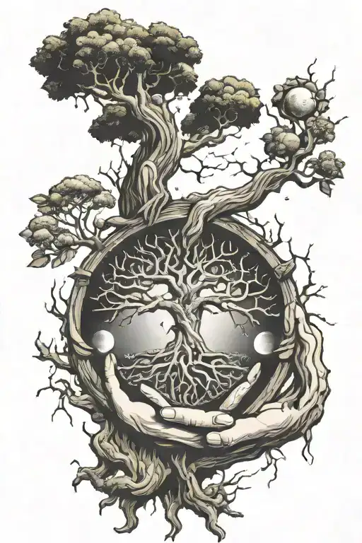 Hands Reaching Philosopher Stone Yggdrasil Tree And Eclipse