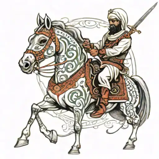 Assasin With A Sword And An Arabic Horse Tatto Design