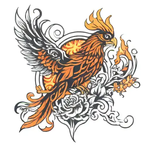 Phoenix With Flames And Flowers