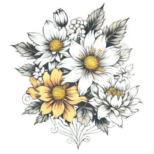 Cosmos And Chrysanthemum Minimilist Sketch Black And White