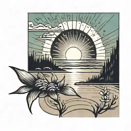 A Sun Rising Above A Lake Simplistic