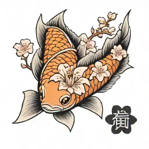 Koi Fish With Cherry Blossom Flowers And Kanji Symbol