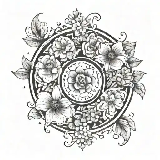 Circle Of Flowers Minimalist White And Black Grey Style