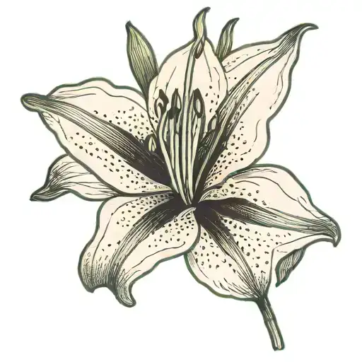 Small Fine Line Lily Flower With Stem And An Ever Green Needle
