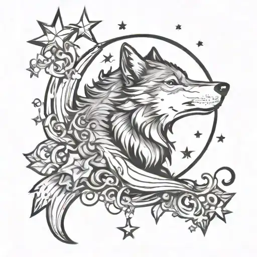 Crescent Moon And Star With Wolf
