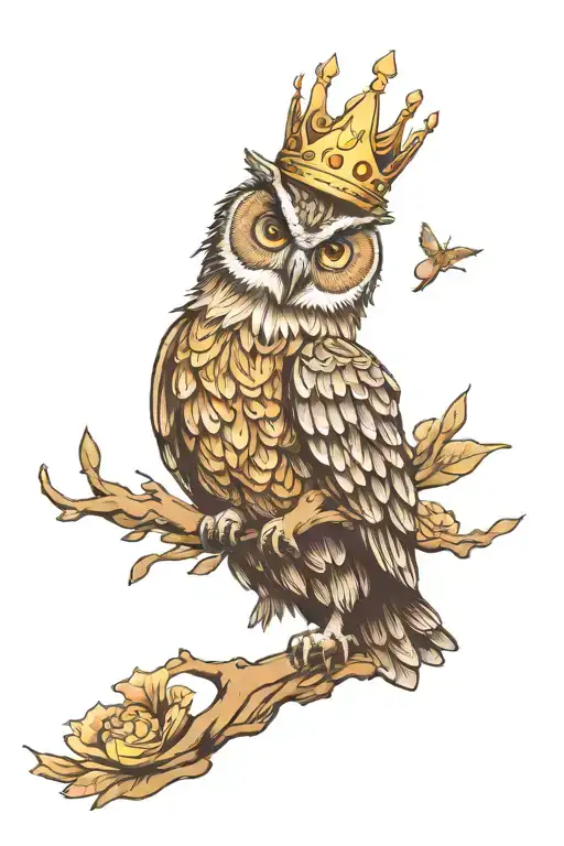 Owl With His Wings Spread Wide And Has A Crown Above His Head