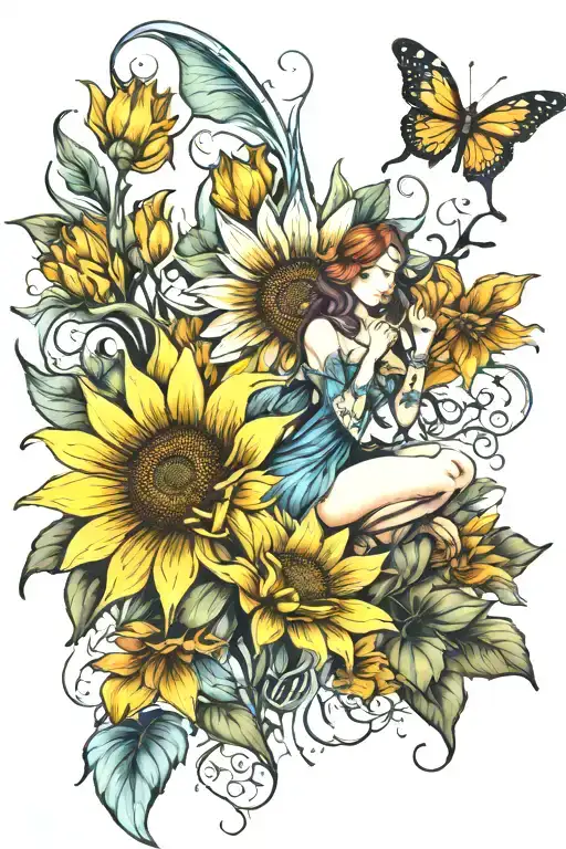 Fairy And Sunflower Blooming Lotus Flower